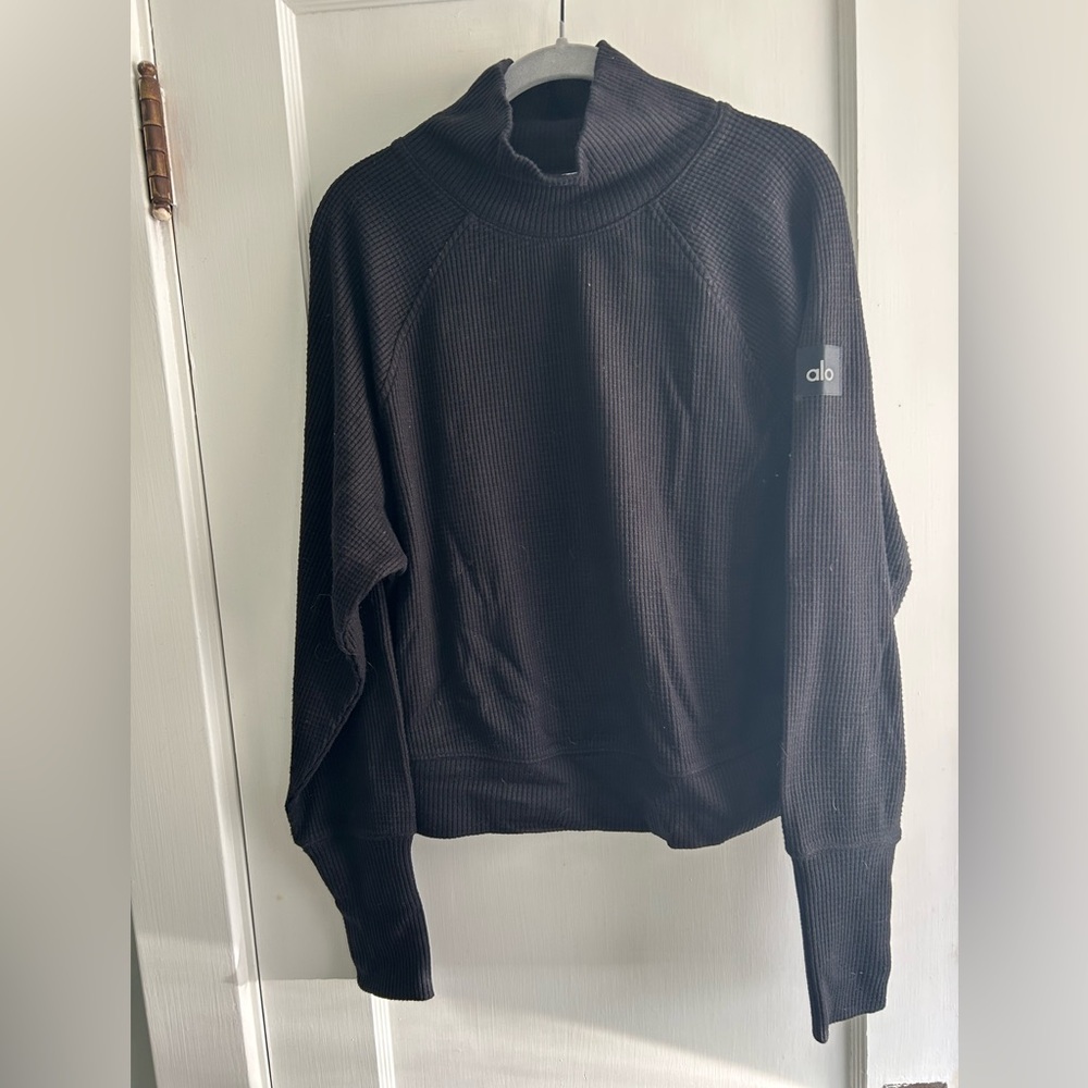ALO Yoga Black Waffle-Knit Turtleneck Sweater - Picture 2 of 3